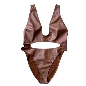 SKIMS Brown Faux-Leather Cutout Bodysuit